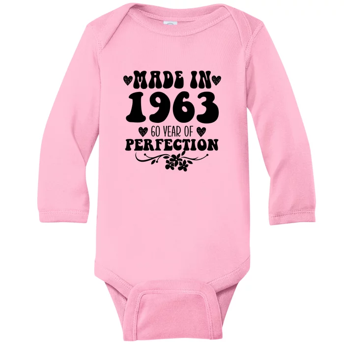 60 Year Old Made In 1963 Floral 60th Birthday Gifts Baby Long Sleeve Bodysuit