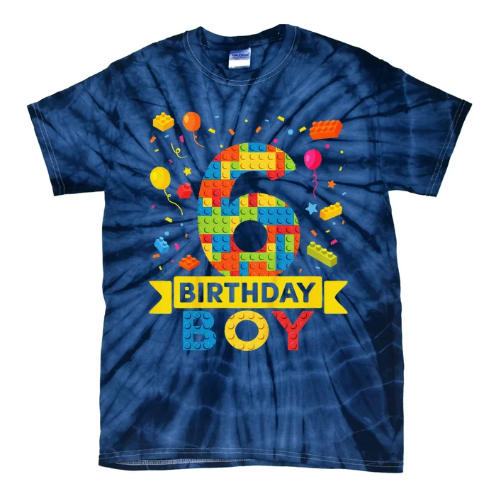 6 Year Old Building Blocks 6th Birthday Boy Tie-Dye T-Shirt