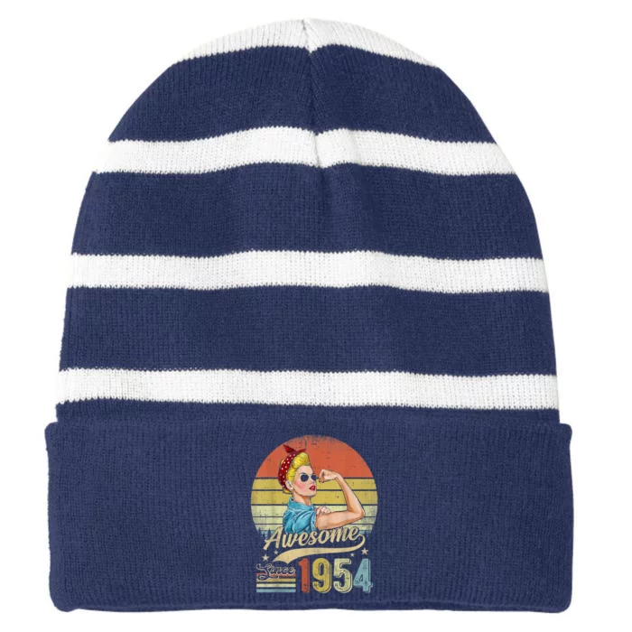 69 Year Old Awesome Since 1954 69th Birthday Gifts Striped Beanie with Solid Band