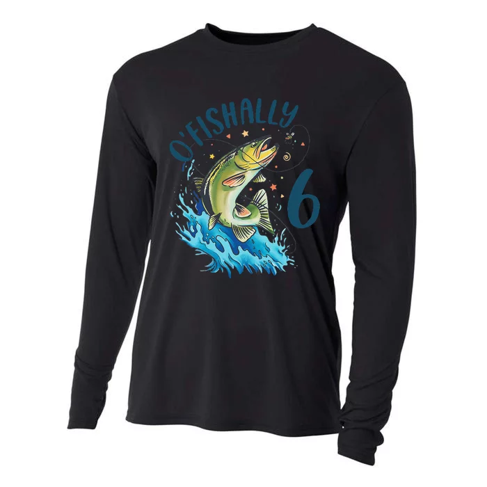 6 Year Old Fishing Birthday 6th Bass Fish Bday Six Cooling Performance Long Sleeve Crew