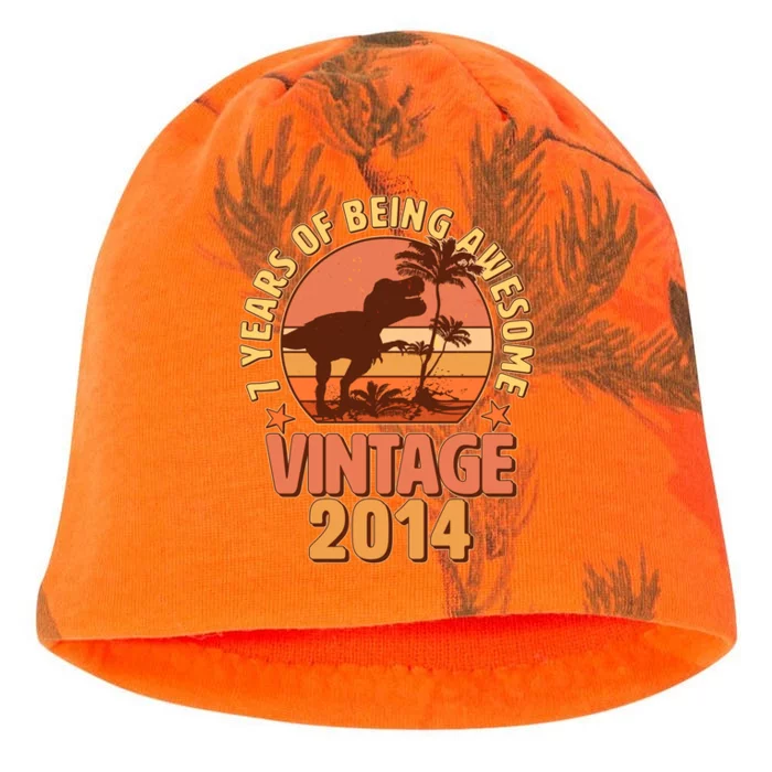 7 Years of Being Awesome Vintage 2014 Birthday T-Rex Kati - Camo Knit Beanie