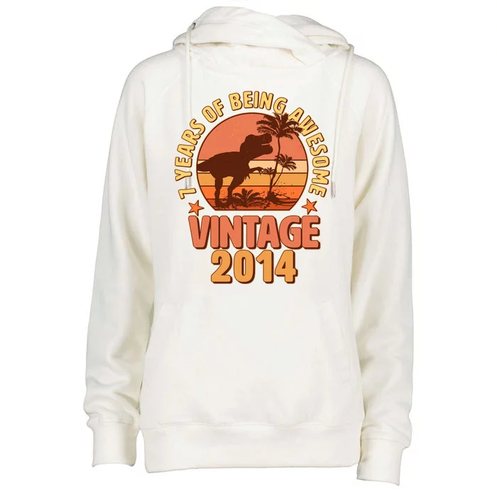 7 Years of Being Awesome Vintage 2014 Birthday T-Rex Womens Funnel Neck Pullover Hood