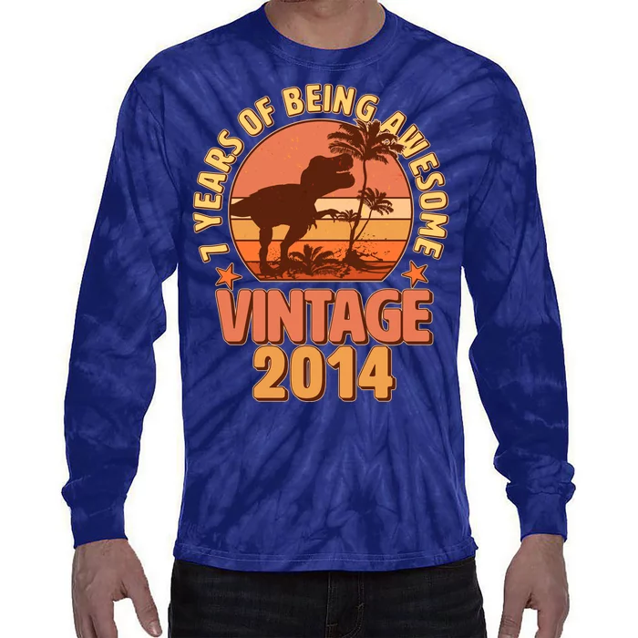 7 Years of Being Awesome Vintage 2014 Birthday T-Rex Tie-Dye Long Sleeve Shirt