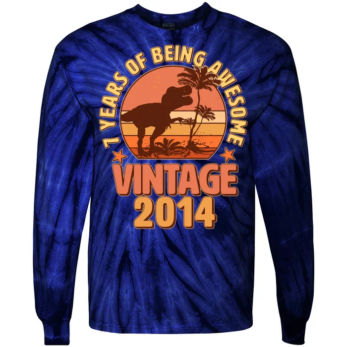 7 Years of Being Awesome Vintage 2014 Birthday T-Rex Tie-Dye Long Sleeve Shirt