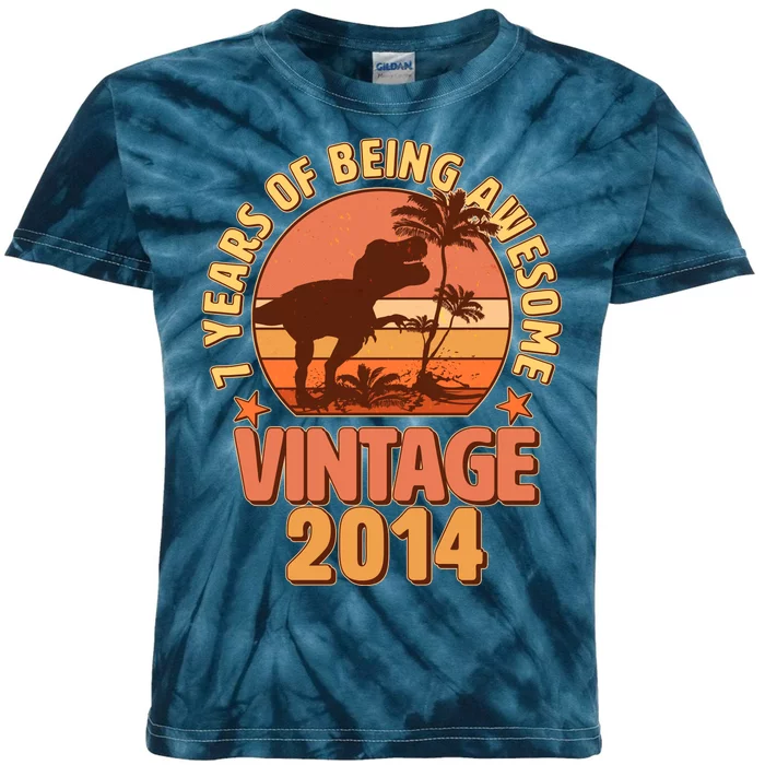 7 Years of Being Awesome Vintage 2014 Birthday T-Rex Kids Tie-Dye T-Shirt