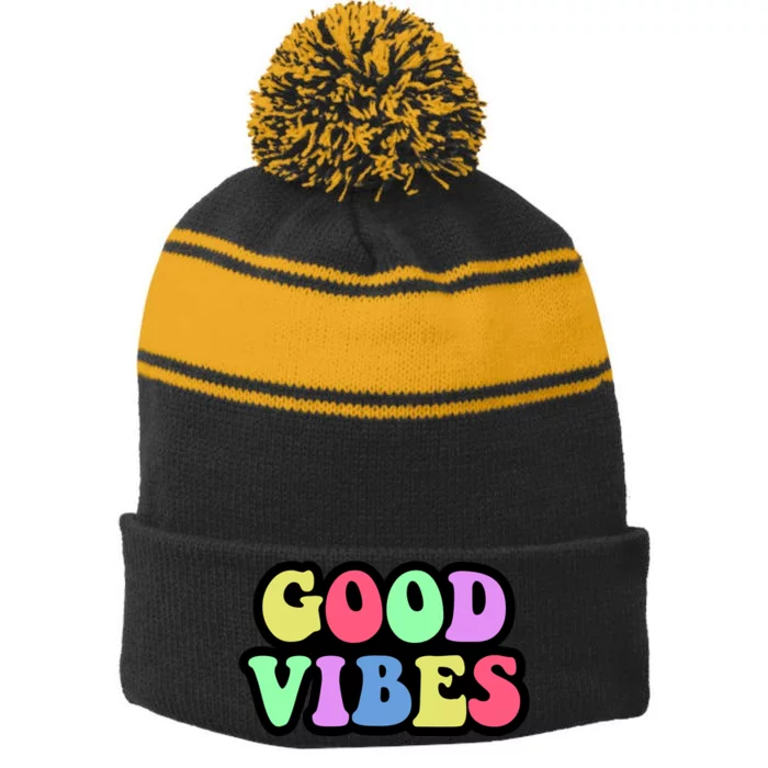 70s Retro Groovy Hippie Good Vibes Bold Stripe Pom Pom Beanie