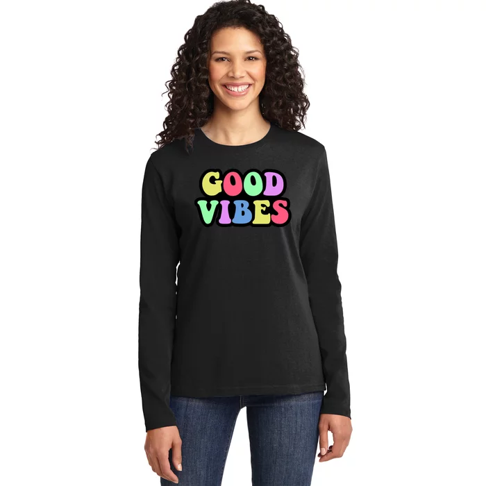 70s Retro Groovy Hippie Good Vibes Bold Ladies Long Sleeve Shirt