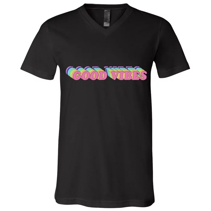 70s Retro Groovy Hippie Good Vibes Repeat V-Neck T-Shirt