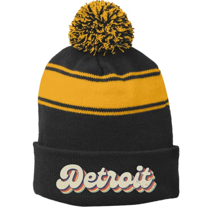 70S 80S Usa City Vintage Detroit Stripe Pom Pom Beanie