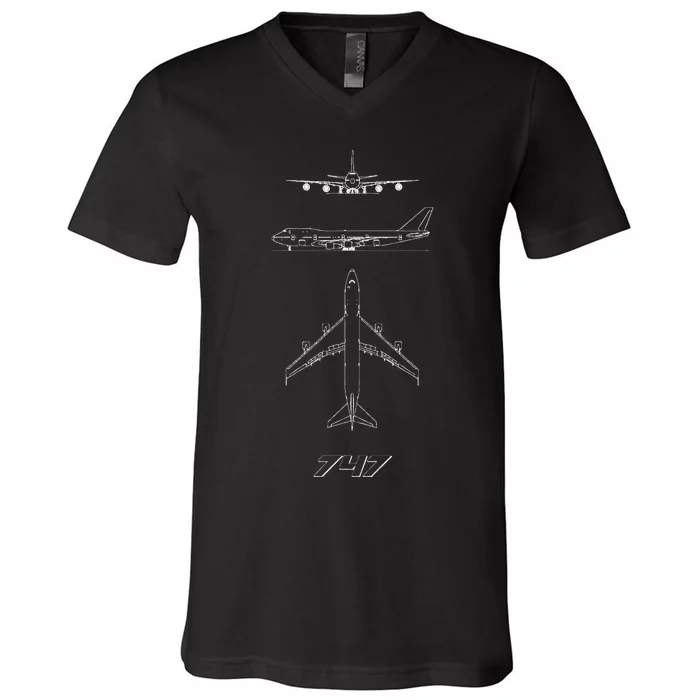 747 Aircraft Drawing V-Neck T-Shirt