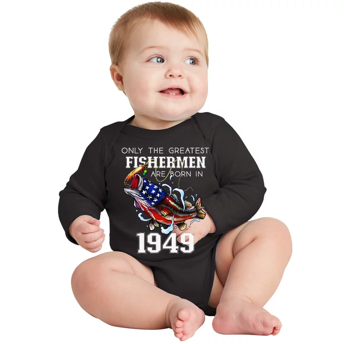 74th Birthday 1949 Fisherman Bass Fishing 74 Year Old Baby Long Sleeve Bodysuit