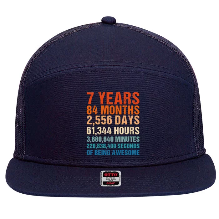 7th Birthday 7 Years Old Vintage Retro 84 Months For Children 7 Panel Mesh Trucker Snapback Hat