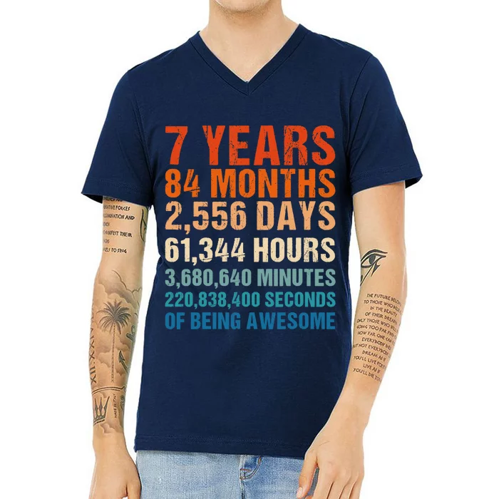 7th Birthday 7 Years Old Vintage Retro 84 Months For Children V-Neck T-Shirt