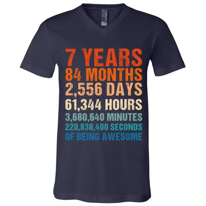 7th Birthday 7 Years Old Vintage Retro 84 Months For Children V-Neck T-Shirt