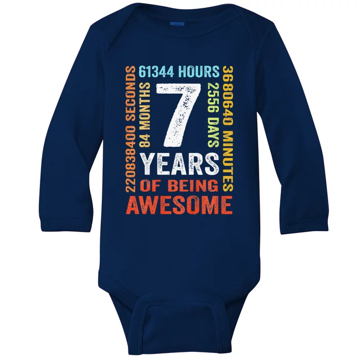 7th Birthday 7 Years Old Vintage Retro 84 Months Baby Long Sleeve Bodysuit