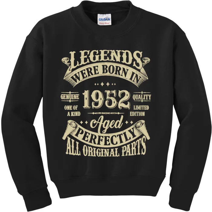 72nd Birthday 72 Years Old Vintage Legends Born In 1952 Kids Sweatshirt