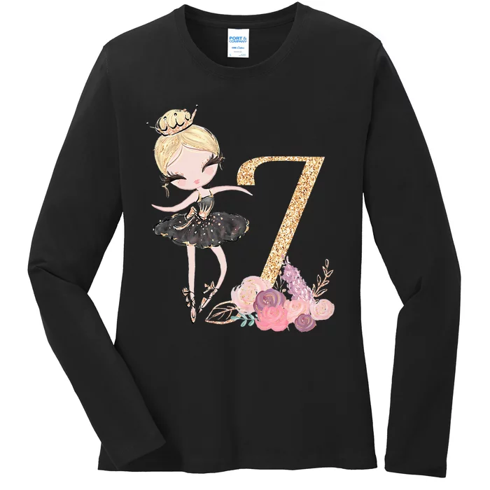 7th Birthday Ballerina Dancer Blonde Ballet Tutu Girl Seven Ladies Long Sleeve Shirt