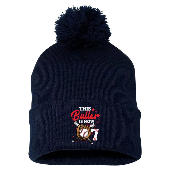 7th Birthday Baseball 7 Year Old Baseball Player Pom Pom 12in Knit Beanie