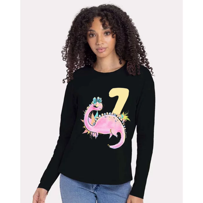 7th Birthday Dinosaur Pink Dino Party Outfit Seven Womens Cotton Relaxed Long Sleeve T-Shirt