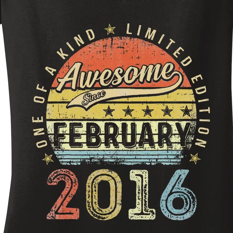 7th Birthday Gift Awesome Since February 2016 7 Year Old Women's V-Neck T-Shirt