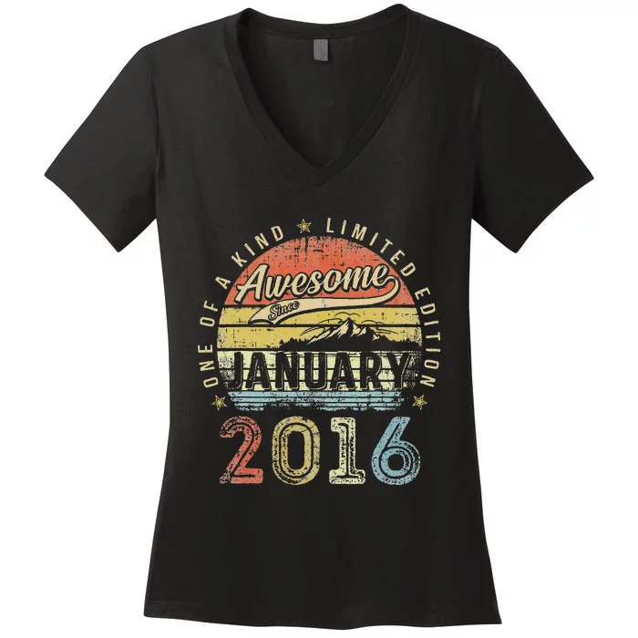 7th Birthday Gift Awesome Since January 2016 7 Year Old Cute Women's V-Neck T-Shirt