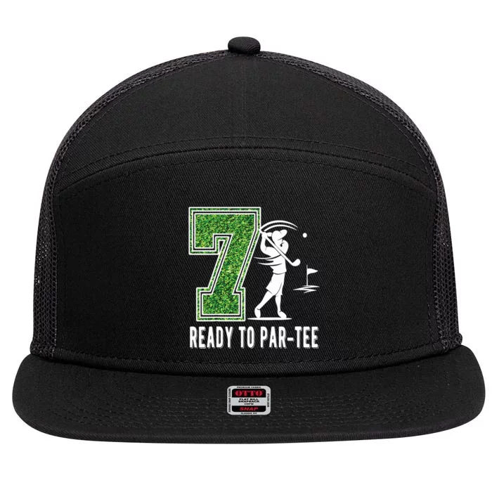 7th Birthday Golfer Seven Year Old Golf Player 7 Panel Mesh Trucker Snapback Hat