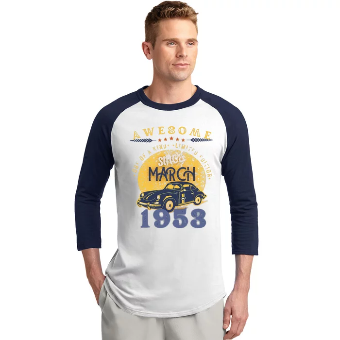 70th Birthday Gift Awesome Since March 1953 Baseball Sleeve Shirt