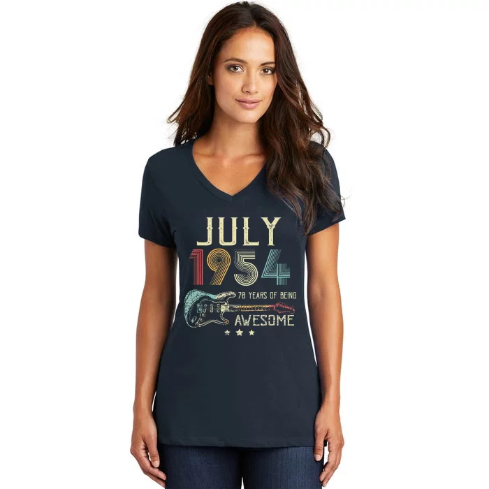 70th Birthday Guitar Lover Vintage July 1954 70 Year Old Women's V-Neck T-Shirt