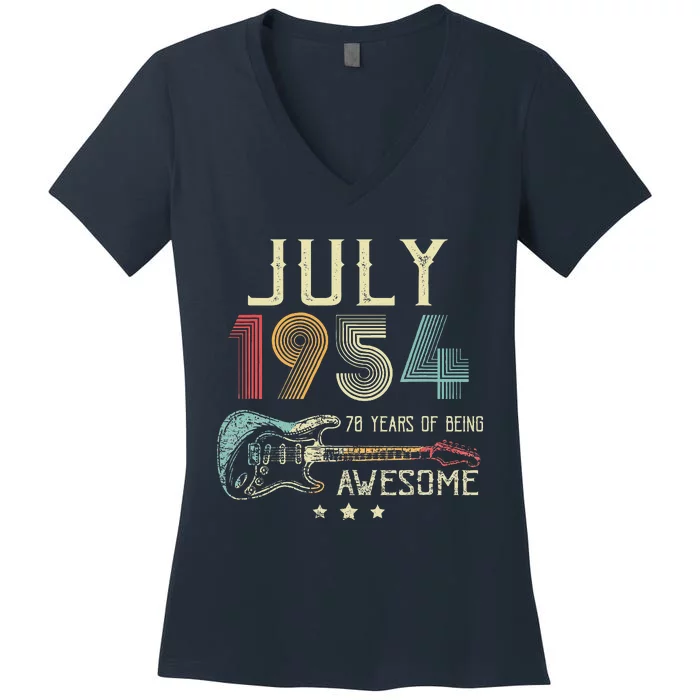 70th Birthday Guitar Lover Vintage July 1954 70 Year Old Women's V-Neck T-Shirt