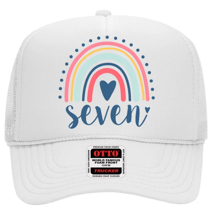 7th Birthday Rainbow Seven Year Old Cute High Crown Mesh Trucker Hat