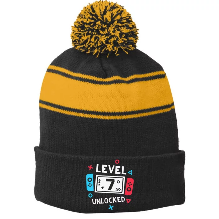 7th Birthday Shirt  Level 7 Unlocked Video Game Party Stripe Pom Pom Beanie