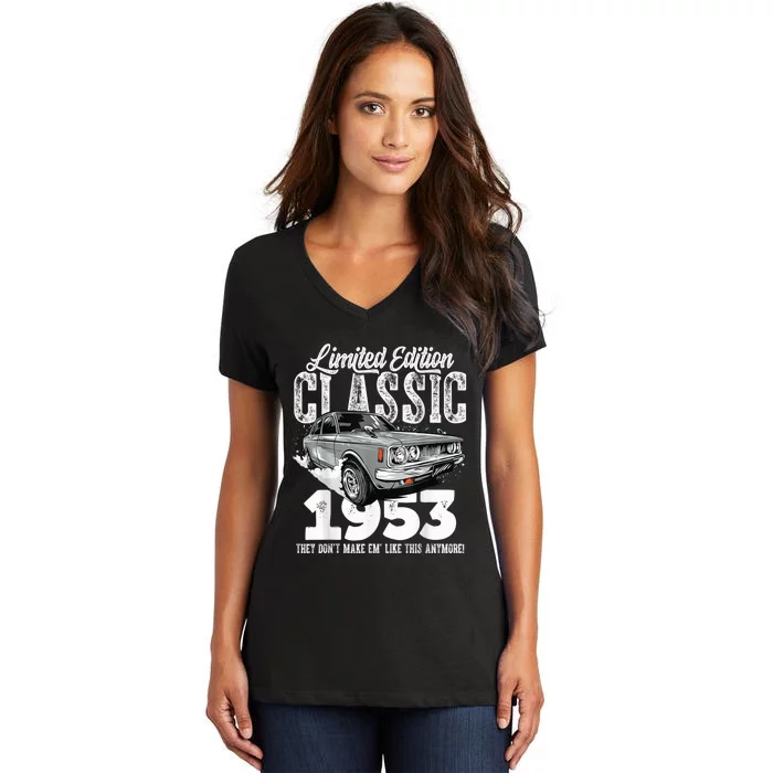 70th birthday Vintage Classic Car 1953 B-day 70 year old Women's V-Neck T-Shirt