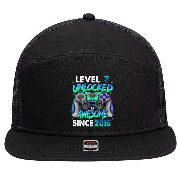 7th Gaming Birthday gift Level 7 Unlocked Awesome Video Game 2016 Birthday 7 Panel Mesh Trucker Snapback Hat