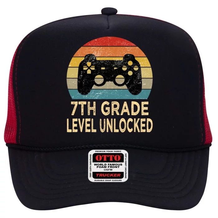 7th Grade Level Unlocked Video Gamer Back to School Vintage High Crown Mesh Trucker Hat