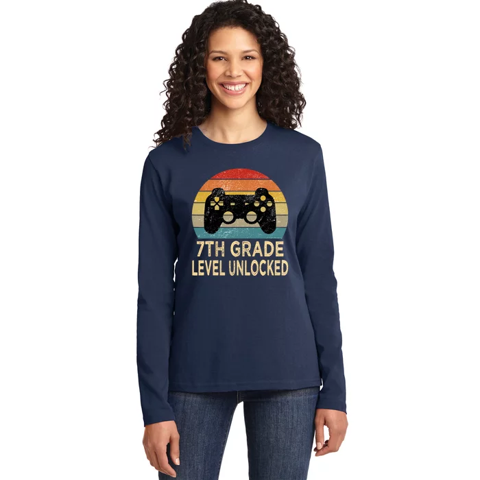 7th Grade Level Unlocked Video Gamer Back to School Vintage Ladies Long Sleeve Shirt