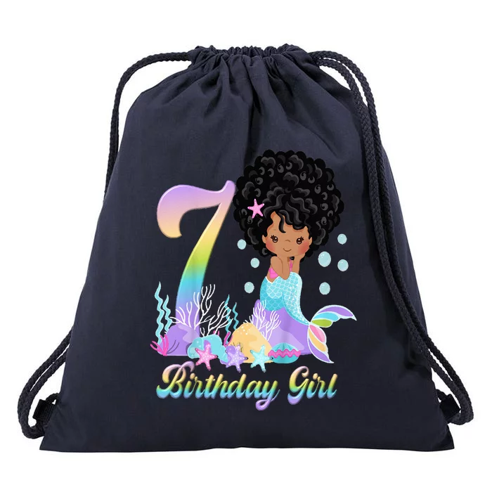 7th Seven African American Mermaid Birthday 7 Year Old Drawstring Bag