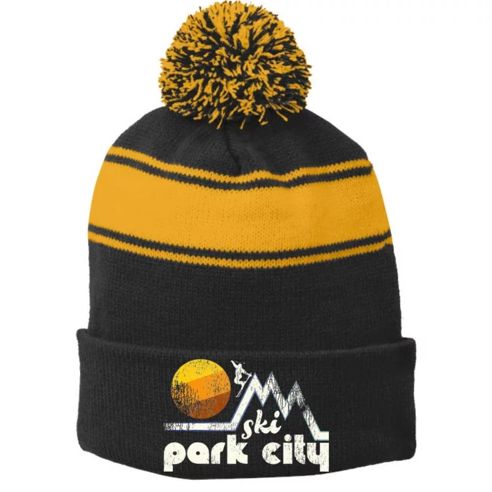 70s Style Ski Park City Utah Stripe Pom Pom Beanie