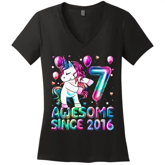 7 Years Old Unicorn Flossing 7th Birthday Girl Unicorn Party Women's V-Neck T-Shirt