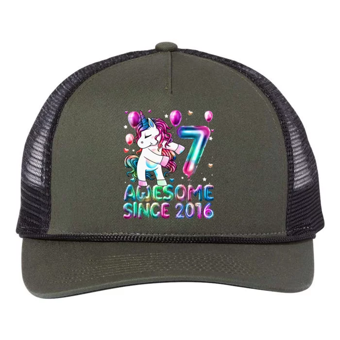 7 Years Old Unicorn Flossing 7th Birthday Girl Unicorn Party Retro Rope Trucker Hat Cap