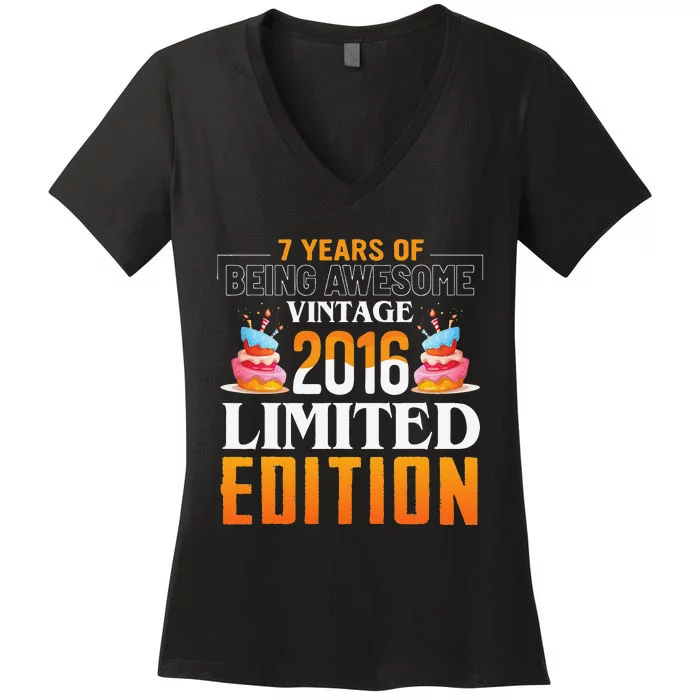 7 Years Old Vintage 2016 Birthday Gifts 7th Birthday Gifts Women's V-Neck T-Shirt