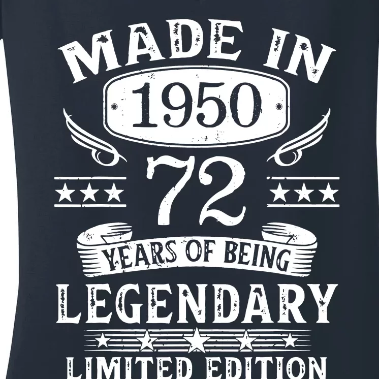 72 Years Old Made In 1950 Shirt 72nd Birthday Gift Women's V-Neck T-Shirt