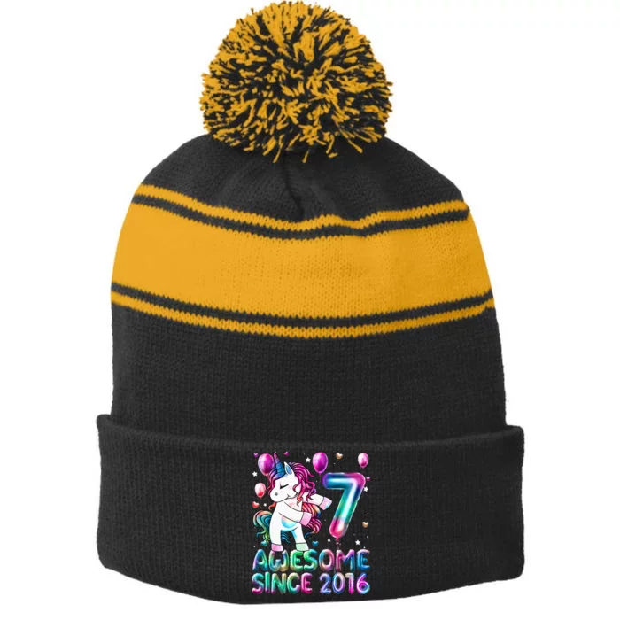 7 Years Old Unicorn Flossing 7th Birthday Girl Unicorn Party Stripe Pom Pom Beanie