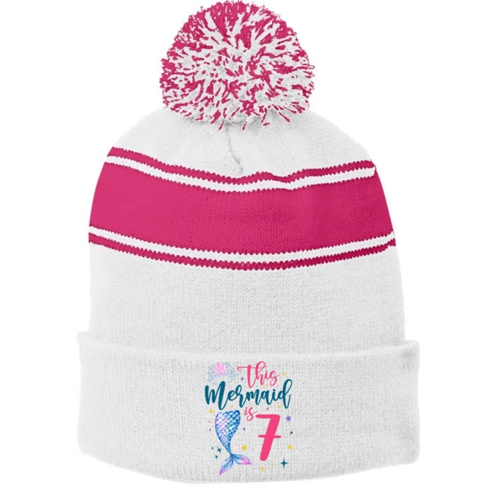 7 Year Old Mermaid Queen 7th Birthday Girl Kids Seven B Day Stripe Pom Pom Beanie