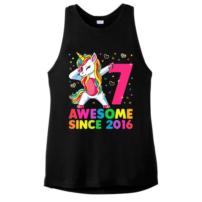 7 Years Old Unicorn Dabbing 7th Birthday Unicorn Party Ladies Tri-Blend Wicking Tank