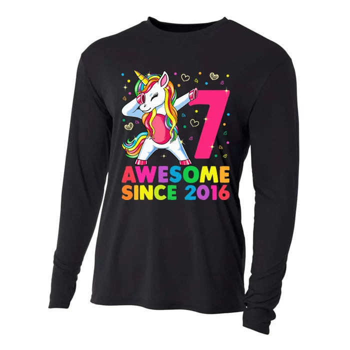 7 Years Old Unicorn Dabbing 7th Birthday Unicorn Party Cooling Performance Long Sleeve Crew