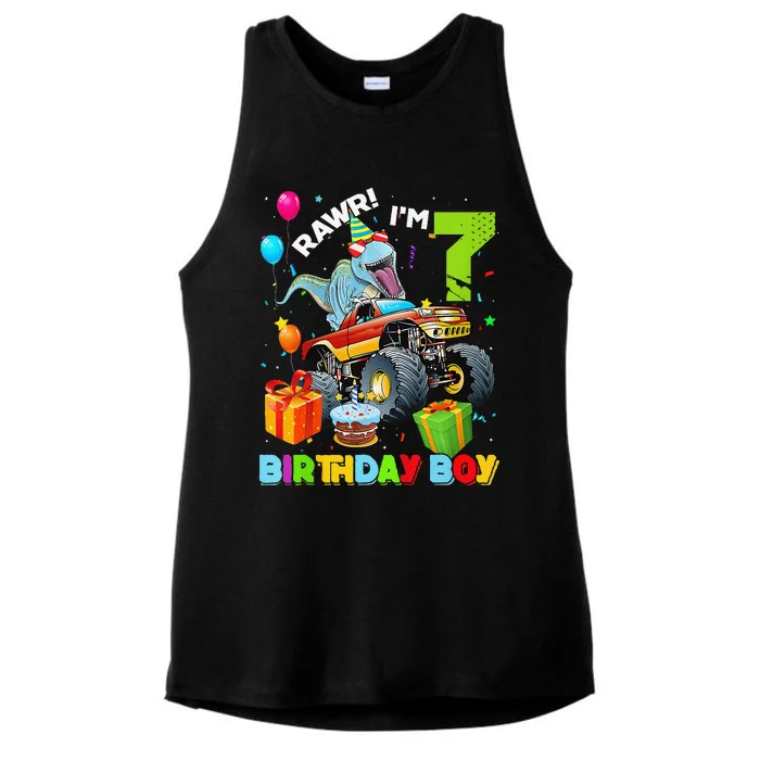 7 Year Old Monster Truck Dinosaur 7th Birthday Ladies Tri-Blend Wicking Tank