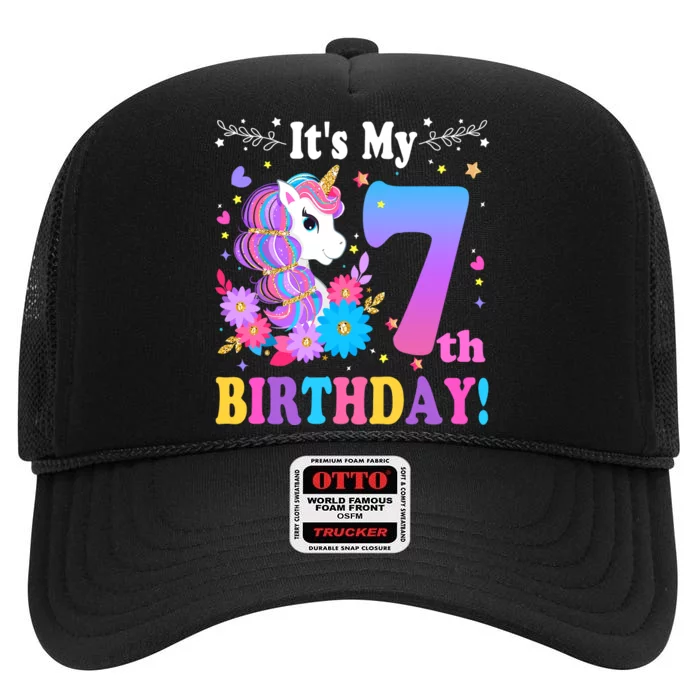 7 Year Old Its My 7th Birthday Cute Unicorn Girl Teens High Crown Mesh Trucker Hat