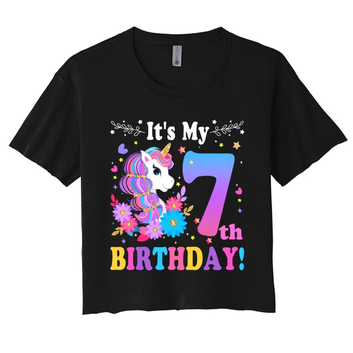 7 Year Old Its My 7th Birthday Cute Unicorn Girl Teens Women's Crop Top Tee