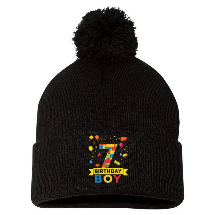 7 Year Old Building Blocks 7th Birthday Pom Pom 12in Knit Beanie