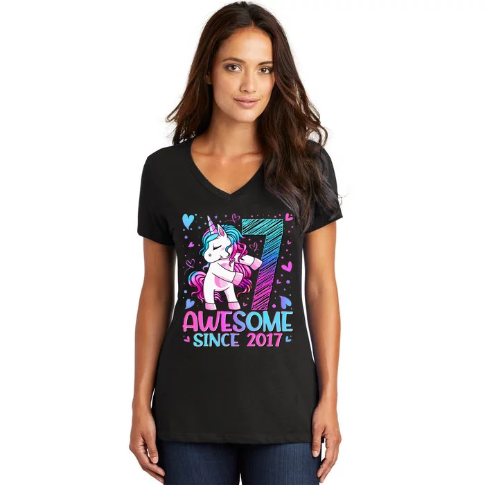 7 Years Old Flossing Unicorn Gifts 7th Birthday Party Women's V-Neck T-Shirt